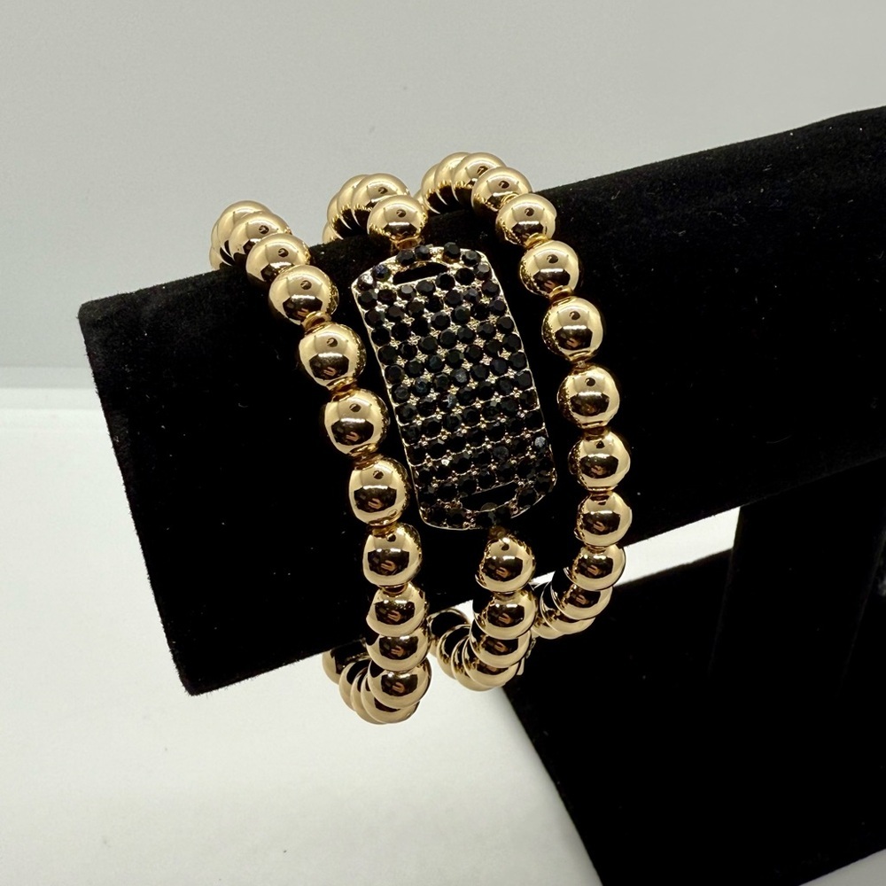 Sophisticated Gold and Black Beaded 3 Piece‎ Stretch Bracelet Set